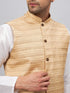 Vastramay Men's Beige Matka Silk Nehru Jacket With White Silk Blend Kurta Pyjama Set
